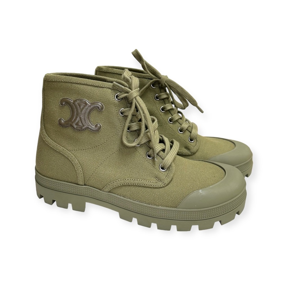 Celine Olive Green Canvas Lace-Up Ankle Boots